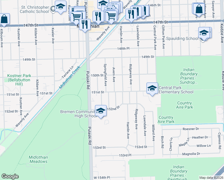 map of restaurants, bars, coffee shops, grocery stores, and more near 15034 Avers Avenue in Midlothian