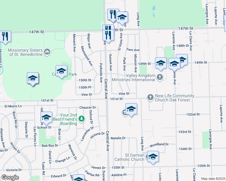 map of restaurants, bars, coffee shops, grocery stores, and more near 15031 Sunset Avenue in Oak Forest