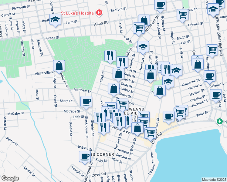 map of restaurants, bars, coffee shops, grocery stores, and more near 15 Stowell Street in New Bedford