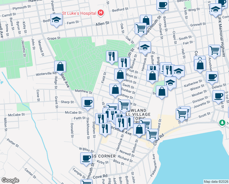 map of restaurants, bars, coffee shops, grocery stores, and more near 15 Stowell Street in New Bedford