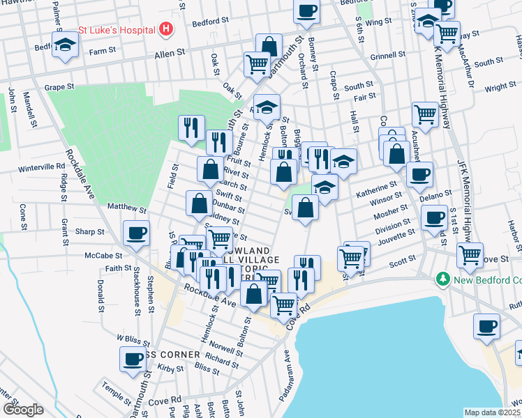 map of restaurants, bars, coffee shops, grocery stores, and more near 28 Larch Street in New Bedford