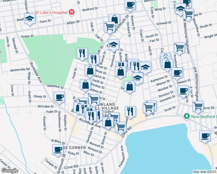 map of restaurants, bars, coffee shops, grocery stores, and more near 63 Swift Street in New Bedford