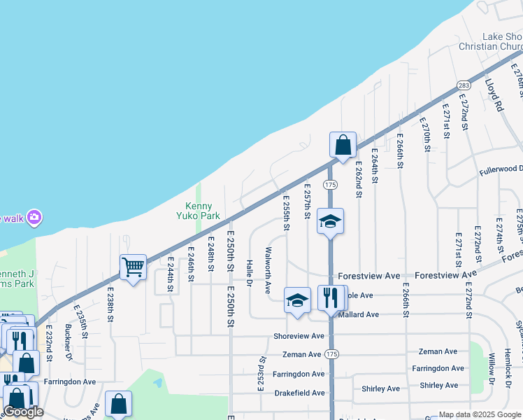 map of restaurants, bars, coffee shops, grocery stores, and more near 25360 Lakeshore Boulevard in Euclid