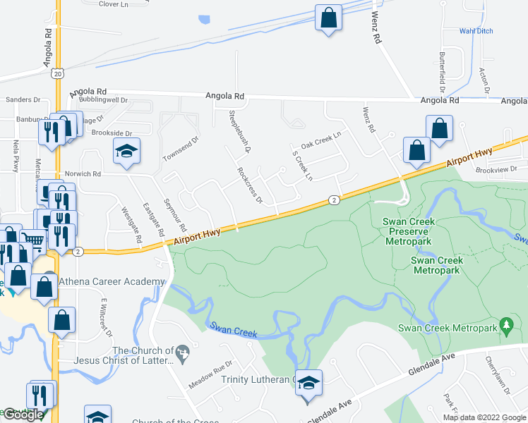 map of restaurants, bars, coffee shops, grocery stores, and more near 1247 Rockcress Drive in Toledo