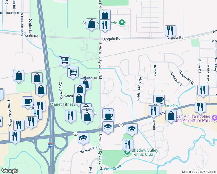 map of restaurants, bars, coffee shops, grocery stores, and more near 5963 Walnut Circle Drive in Toledo
