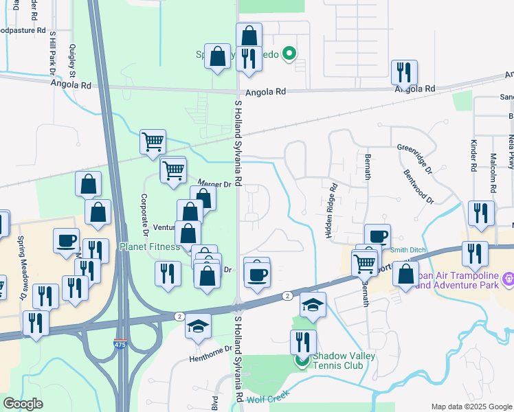 map of restaurants, bars, coffee shops, grocery stores, and more near 5963 Walnut Circle Drive in Toledo