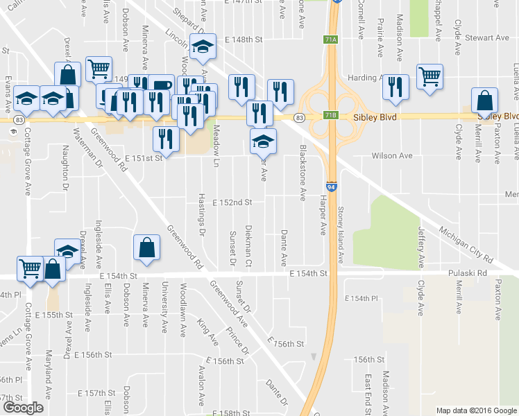 map of restaurants, bars, coffee shops, grocery stores, and more near 15152 Dorchester Avenue in Dolton