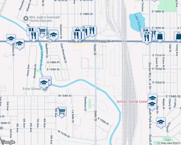 map of restaurants, bars, coffee shops, grocery stores, and more near 35 West 152nd Street in South Holland