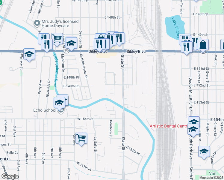 map of restaurants, bars, coffee shops, grocery stores, and more near 35 West 152nd Street in South Holland