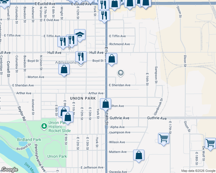 map of restaurants, bars, coffee shops, grocery stores, and more near 2603 East 14th Street in Des Moines