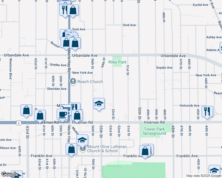 map of restaurants, bars, coffee shops, grocery stores, and more near 2712 53rd Street in Des Moines