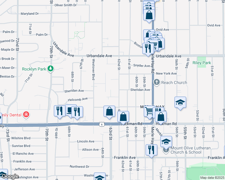 map of restaurants, bars, coffee shops, grocery stores, and more near 2701 63rd Street in Des Moines