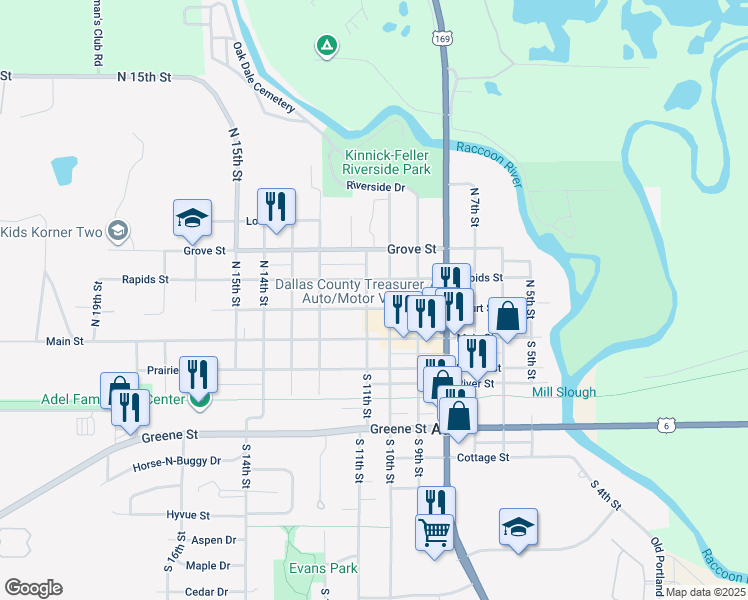 map of restaurants, bars, coffee shops, grocery stores, and more near 219 North 10th Street in Adel