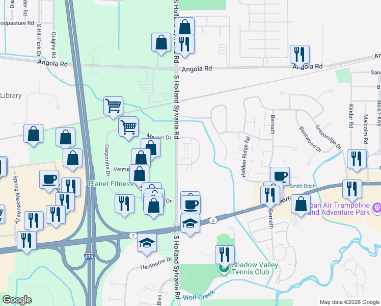 map of restaurants, bars, coffee shops, grocery stores, and more near 5943 Walnut Circle Drive in Toledo
