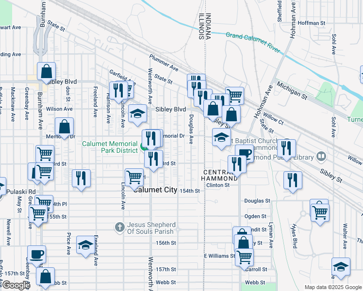 map of restaurants, bars, coffee shops, grocery stores, and more near 595 Forsythe Avenue in Calumet City