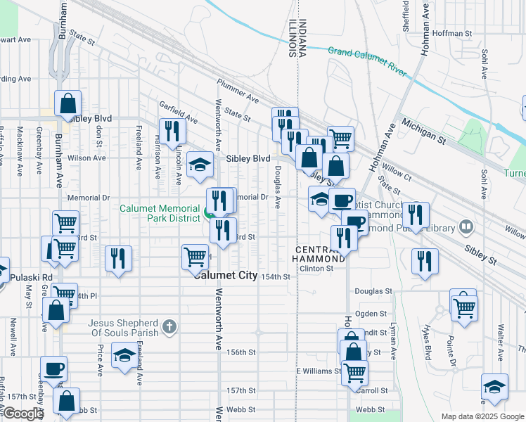 map of restaurants, bars, coffee shops, grocery stores, and more near 595 Forsythe Avenue in Calumet City