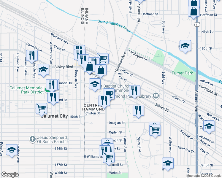 map of restaurants, bars, coffee shops, grocery stores, and more near 5218-5232 Hohman Avenue in Hammond