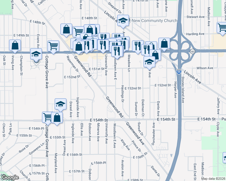 map of restaurants, bars, coffee shops, grocery stores, and more near 15200 Woodlawn Avenue in Dolton