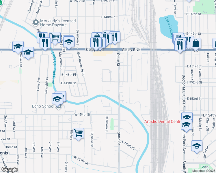 map of restaurants, bars, coffee shops, grocery stores, and more near 35 West 152nd Street in South Holland