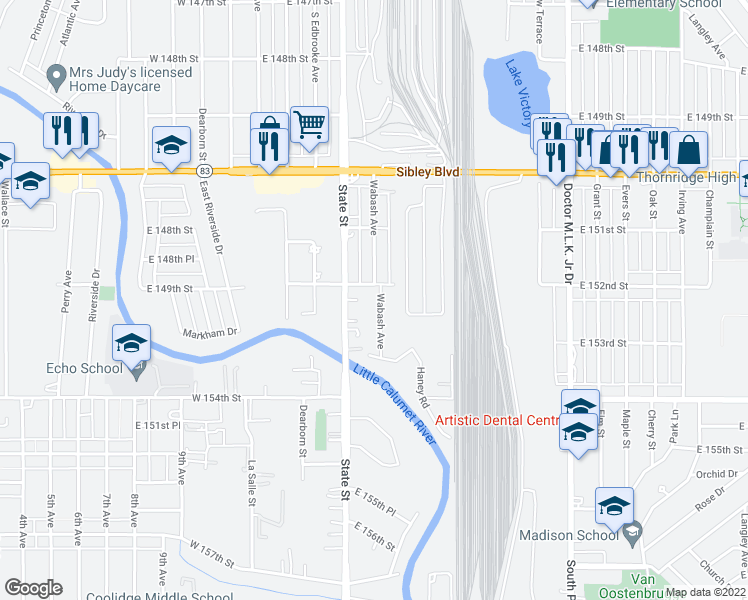 map of restaurants, bars, coffee shops, grocery stores, and more near 15210 Wabash Avenue in South Holland