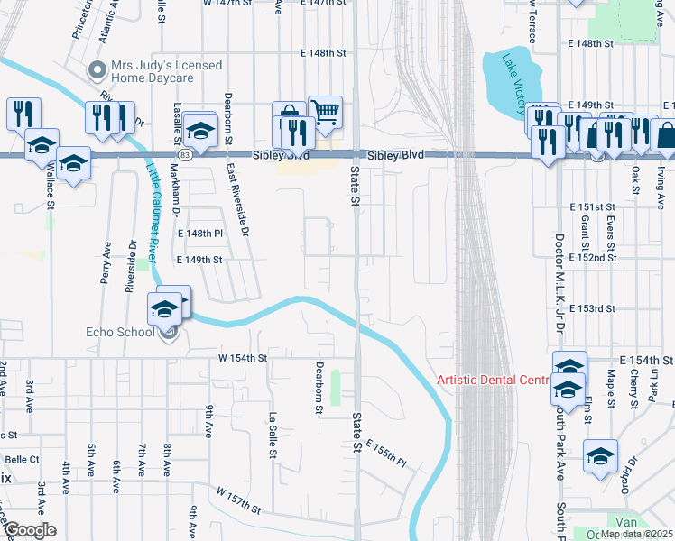 map of restaurants, bars, coffee shops, grocery stores, and more near 35 West 152nd Street in South Holland