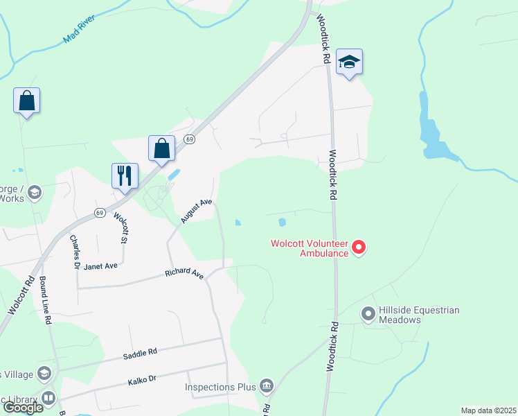map of restaurants, bars, coffee shops, grocery stores, and more near 84 Wilson Road in Wolcott