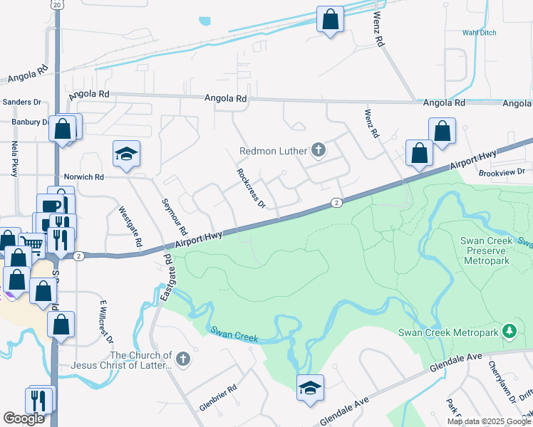 map of restaurants, bars, coffee shops, grocery stores, and more near 1258 Rockcress Drive in Toledo