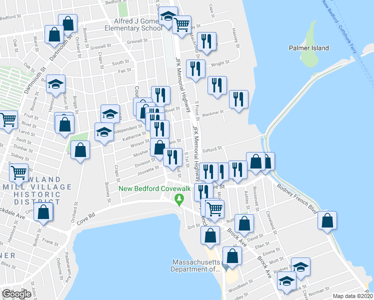 map of restaurants, bars, coffee shops, grocery stores, and more near 23 Division Street in New Bedford