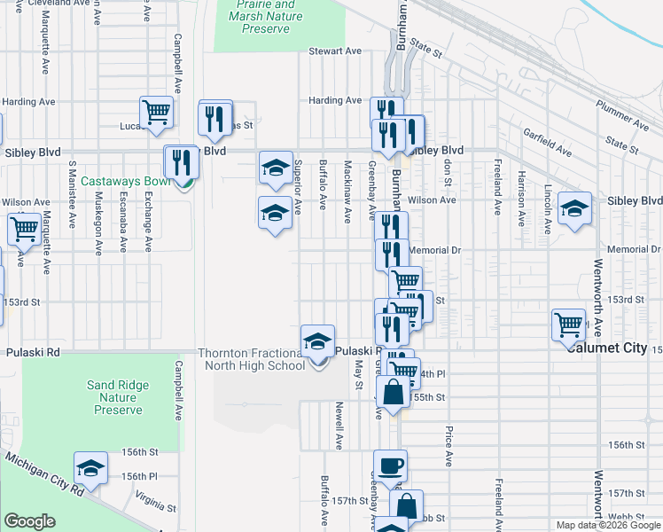 map of restaurants, bars, coffee shops, grocery stores, and more near 725 Memorial Drive in Calumet City