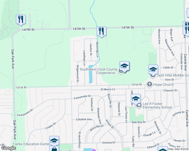 map of restaurants, bars, coffee shops, grocery stores, and more near 15008 Moorings Lane in Oak Forest
