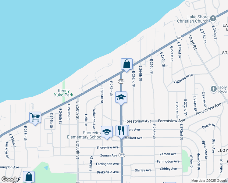 map of restaurants, bars, coffee shops, grocery stores, and more near 259 East 257th Street in Euclid