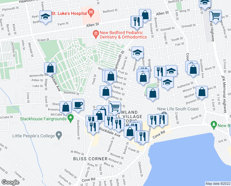 map of restaurants, bars, coffee shops, grocery stores, and more near 96 Dunbar Street in New Bedford