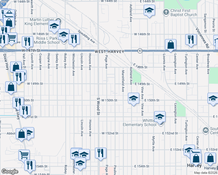 map of restaurants, bars, coffee shops, grocery stores, and more near 14904 Page Avenue in Harvey
