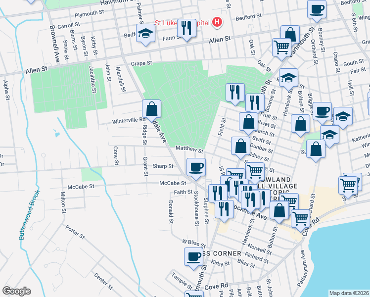 map of restaurants, bars, coffee shops, grocery stores, and more near 64 Bank Street in New Bedford