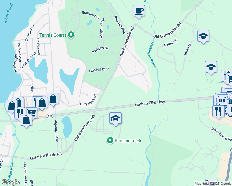 map of restaurants, bars, coffee shops, grocery stores, and more near 4 Brynwood Way in Mashpee