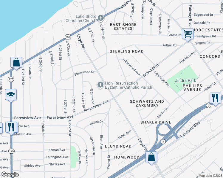 map of restaurants, bars, coffee shops, grocery stores, and more near 575 Lloyd Road in Euclid
