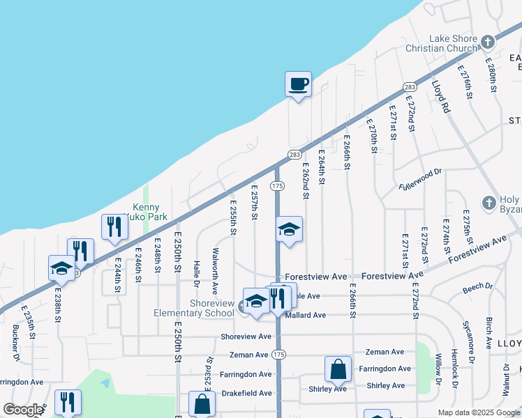 map of restaurants, bars, coffee shops, grocery stores, and more near 259 East 257th Street in Euclid