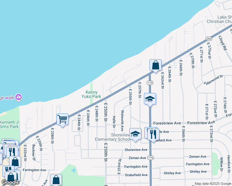 map of restaurants, bars, coffee shops, grocery stores, and more near 25201 Lakeshore Boulevard in Euclid