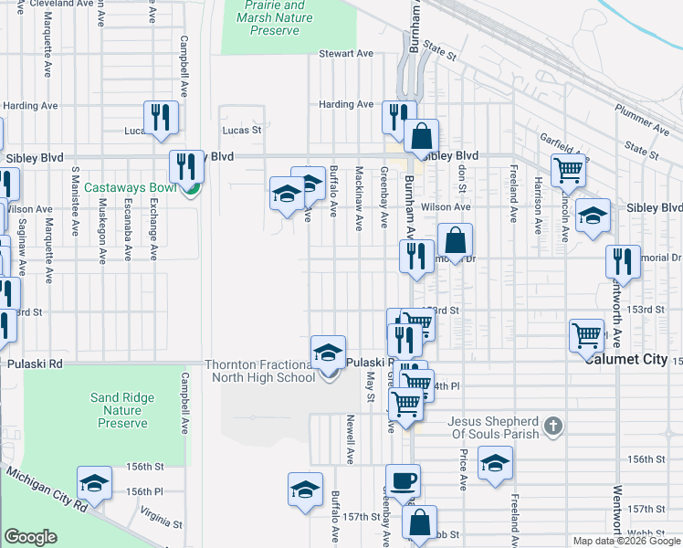 map of restaurants, bars, coffee shops, grocery stores, and more near 725 Memorial Drive in Calumet City