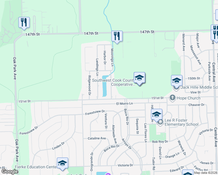 map of restaurants, bars, coffee shops, grocery stores, and more near 15008 Moorings Lane in Oak Forest
