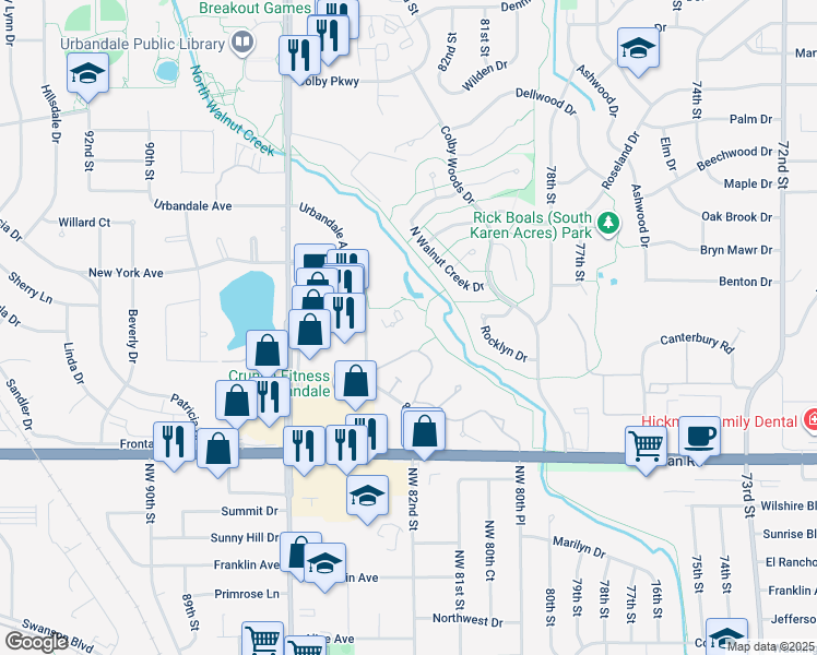 map of restaurants, bars, coffee shops, grocery stores, and more near 2727 82nd Place in Urbandale
