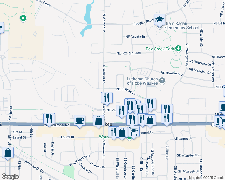 map of restaurants, bars, coffee shops, grocery stores, and more near 52 Northeast Sunrise Drive in Waukee