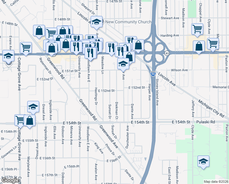 map of restaurants, bars, coffee shops, grocery stores, and more near 15151 Sunset Drive in Dolton
