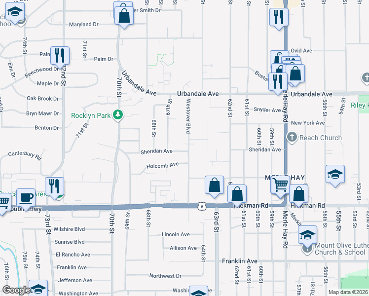 map of restaurants, bars, coffee shops, grocery stores, and more near 2712 Westover Boulevard in Des Moines