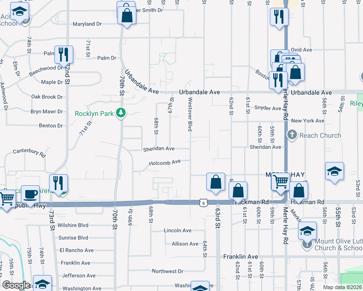 map of restaurants, bars, coffee shops, grocery stores, and more near 2712 Westover Boulevard in Des Moines