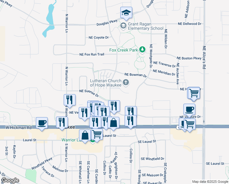 map of restaurants, bars, coffee shops, grocery stores, and more near 137 Northeast Dartmoor Drive in Waukee