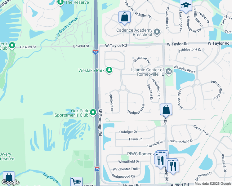 map of restaurants, bars, coffee shops, grocery stores, and more near 2058 Sutcliffe Drive in Romeoville