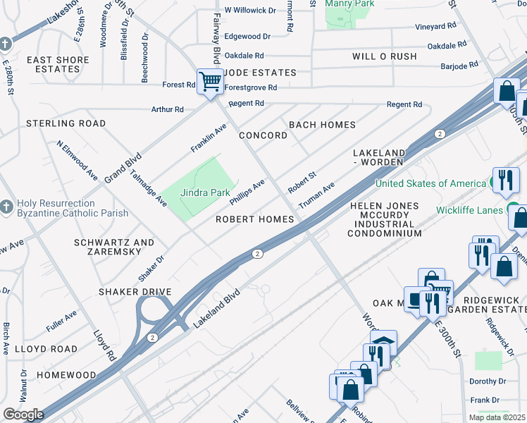 map of restaurants, bars, coffee shops, grocery stores, and more near 29800 Robert Street in Wickliffe