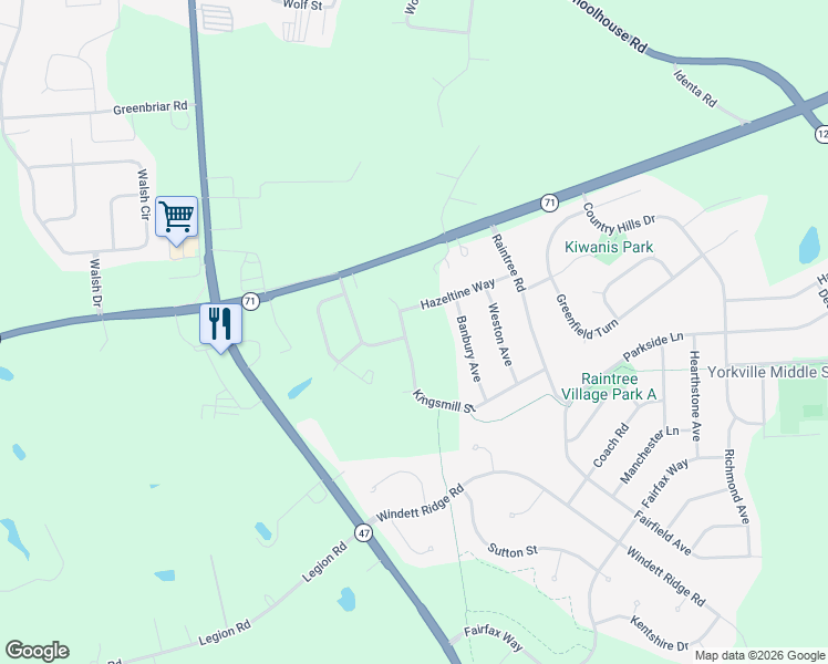 map of restaurants, bars, coffee shops, grocery stores, and more near 2122 Kingsmill Street in Yorkville
