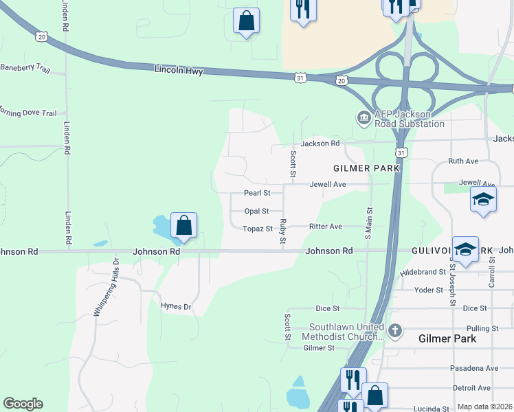 map of restaurants, bars, coffee shops, grocery stores, and more near 20350 Pearl St in South Bend